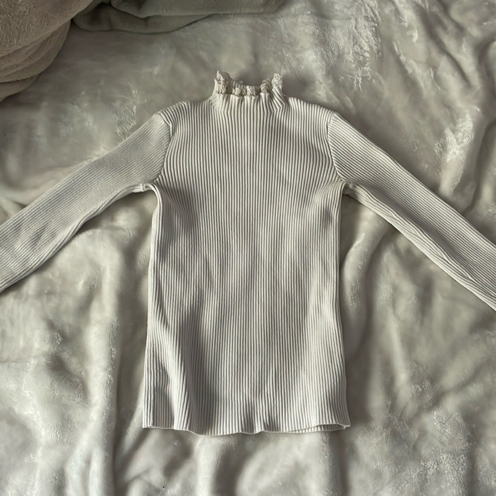 Anthropologie English Factory Sweater Ribbed Lace Trim Mock Neck Long White XS
